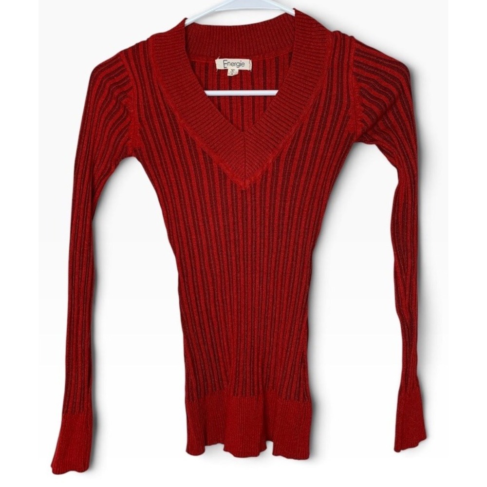 Energie Susie Ribbed Fitted V Neck Long Sleeve Sweater Red Juniors Size S Y2K